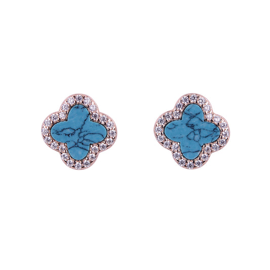 ARABELLA TURQUOISE CRYSTAL CLOVER ROSE GOLD EAR STUDS