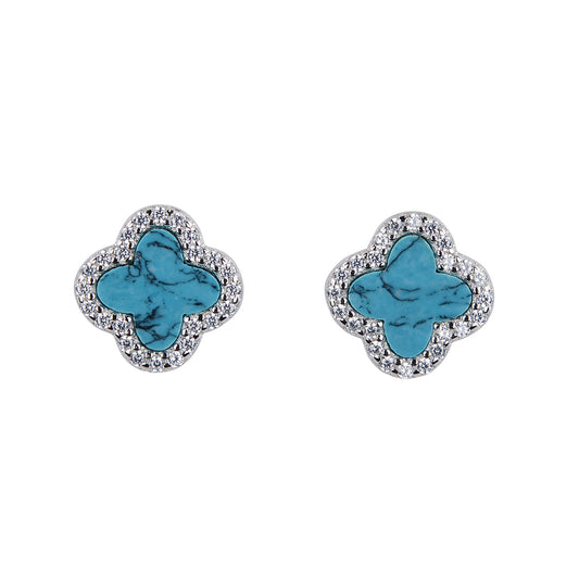 ARABELLA TURQUOISE CRYSTAL CLOVER SILVER EAR STUDS