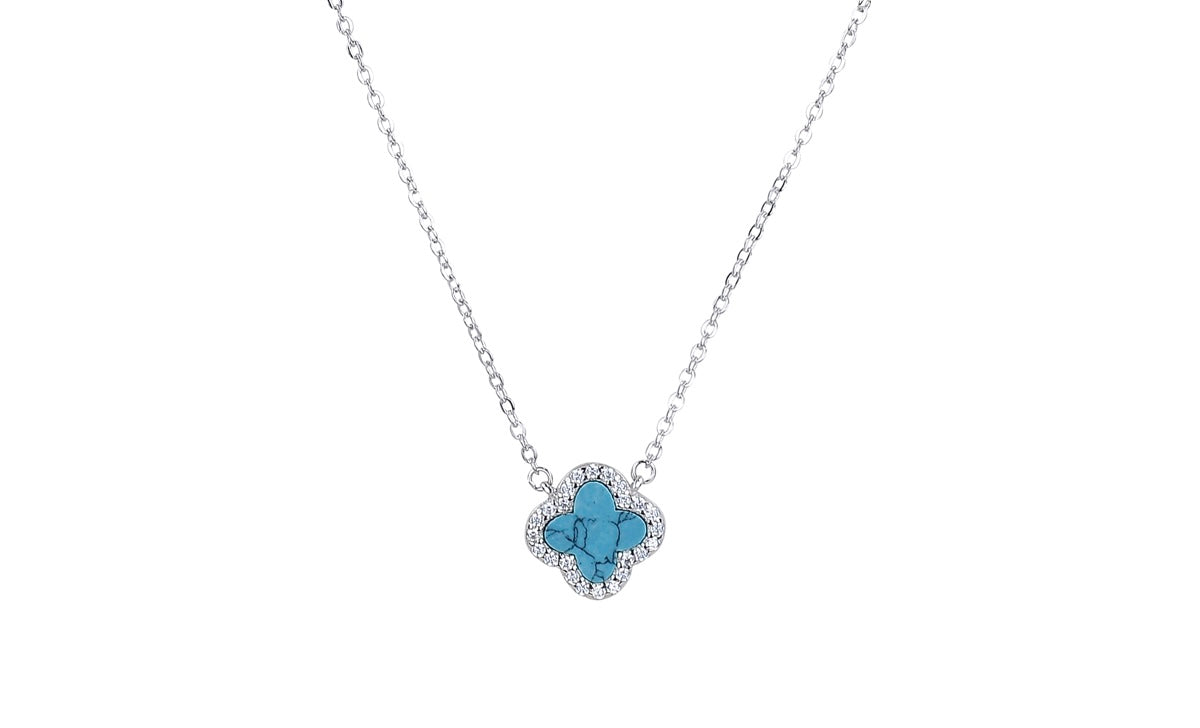 ZOE TURQUOISE CRYSTAL CLOVER SILVER  NECKLACE