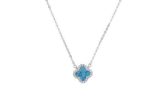 ZOE TURQUOISE CRYSTAL CLOVER SILVER  NECKLACE