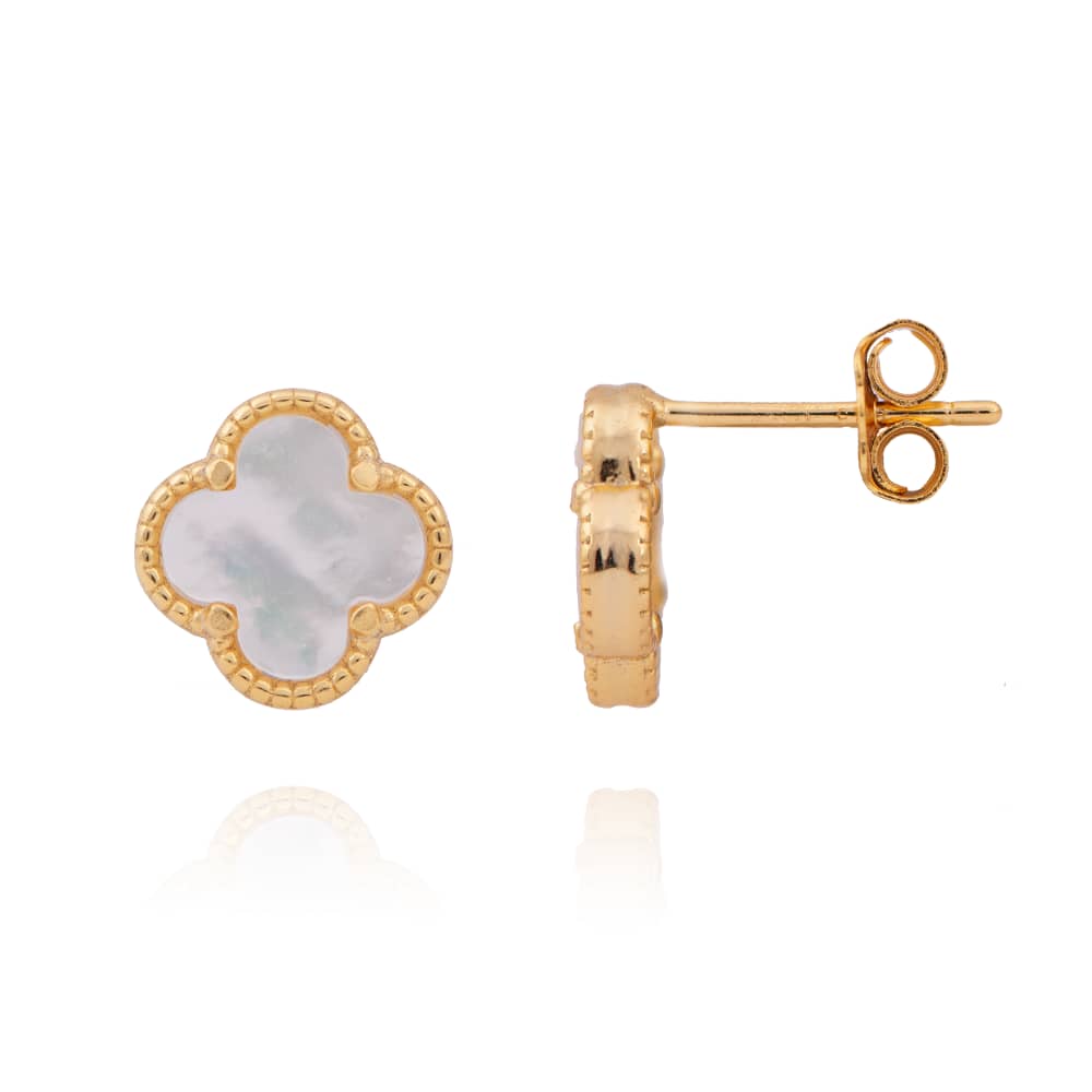 AMARA MOTHER OF PEARL CLOVER GOLD EAR STUDS