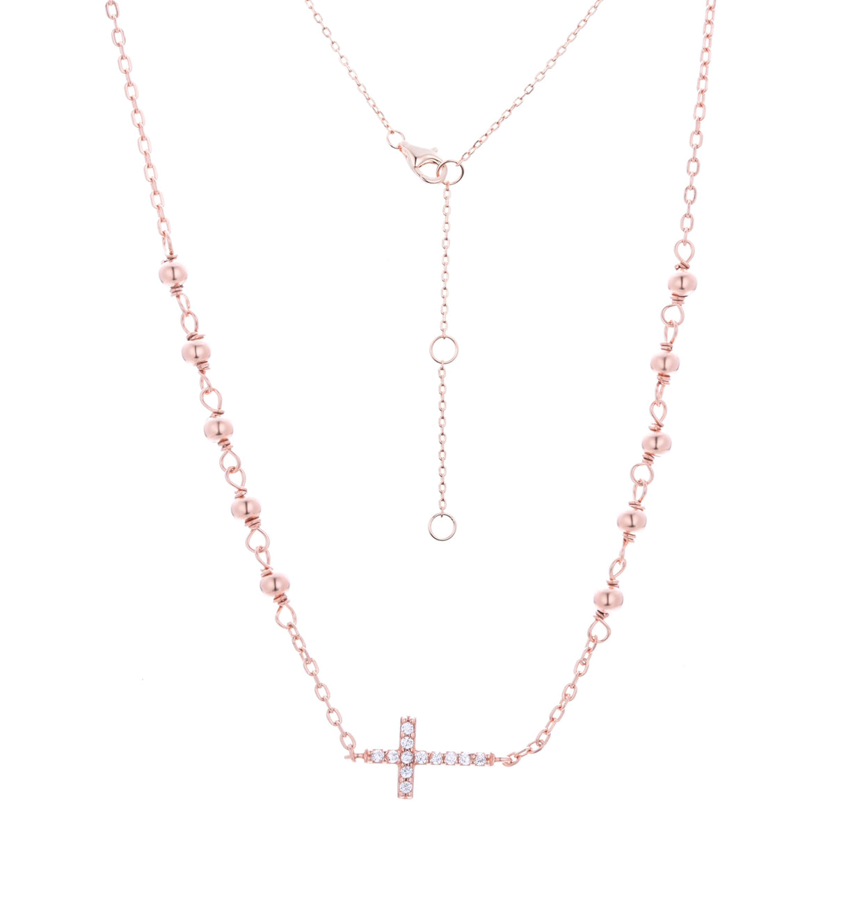 EVA CRYSTAL ROSARY CROSS ROSE GOLD NECKLACE
