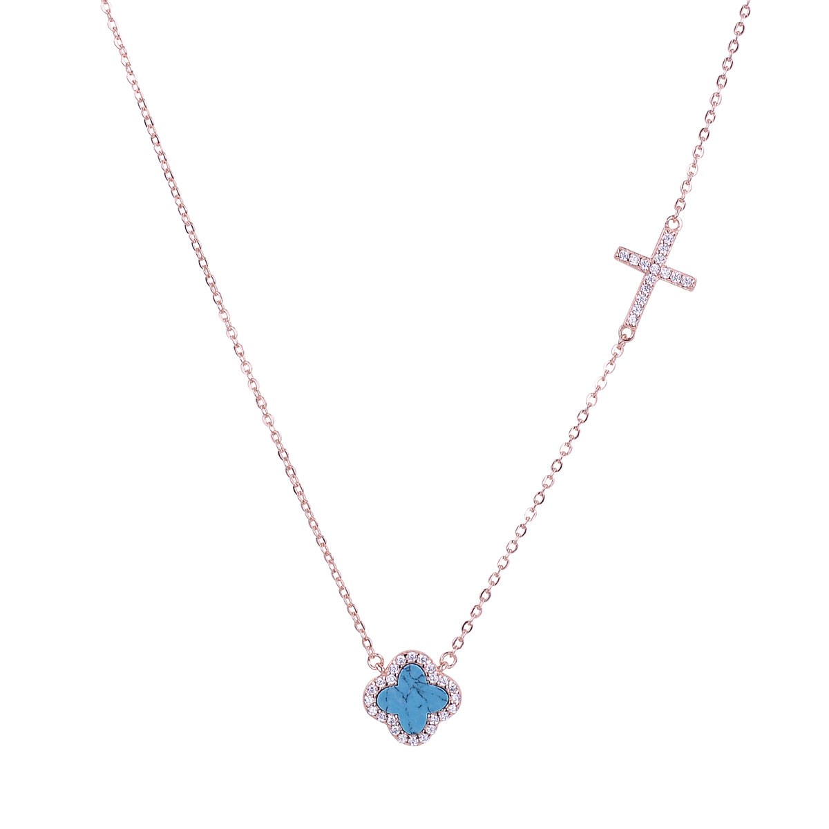 CELINA TURQUOISE CRYSTAL CLOVER AND CROSS ROSE GOLD NECKLACE