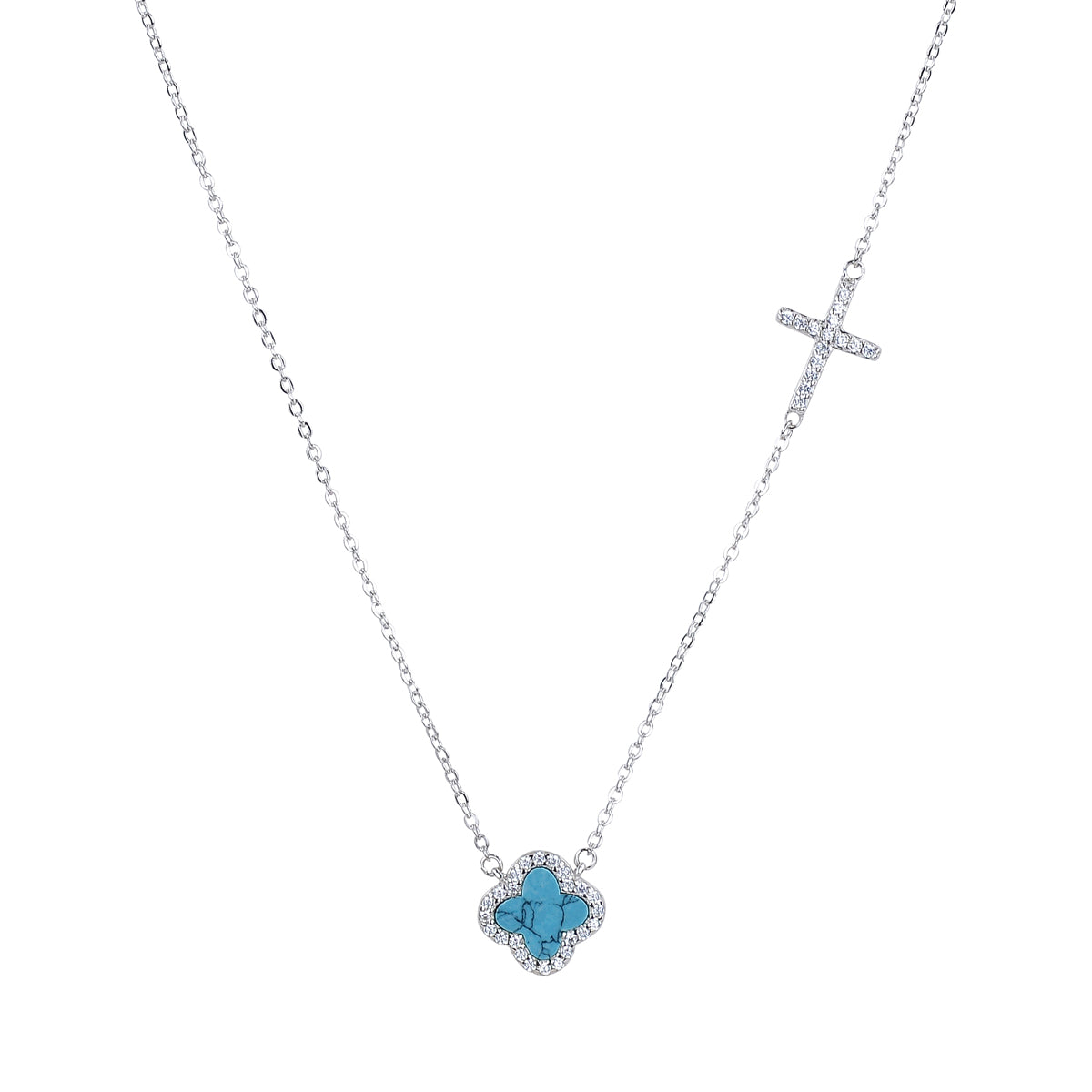CELINA TURQUOISE CRYSTAL CLOVER AND CROSS SILVER NECKLACE