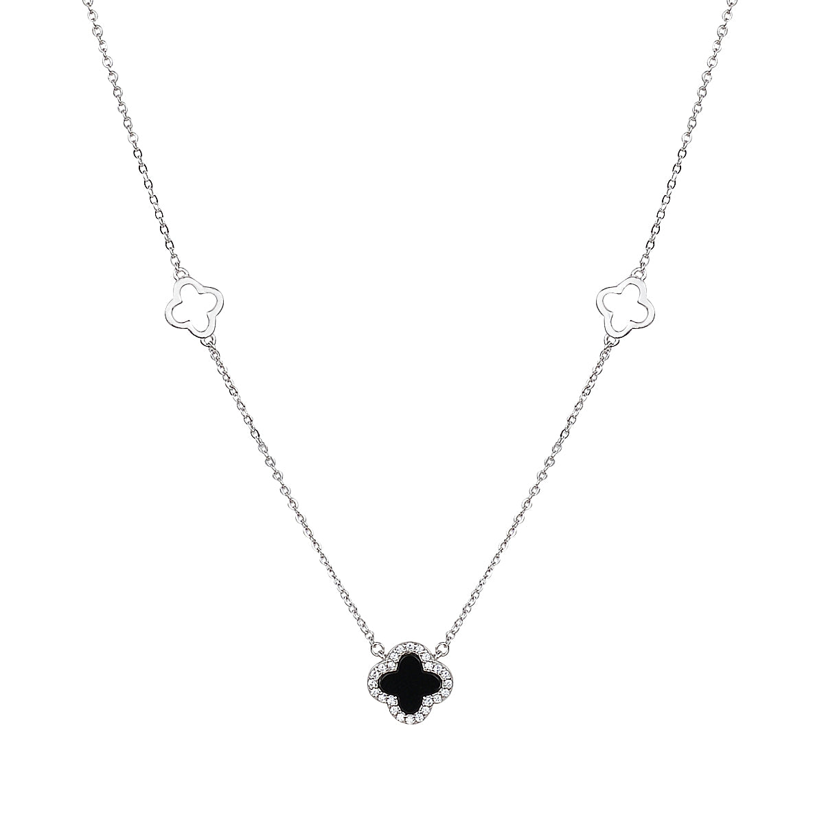 EBONY BLACK CLOVER SILVER NECKLACE