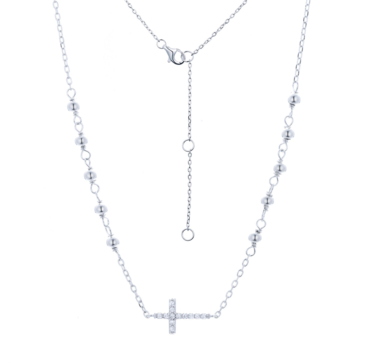EVA CRYSTAL ROSARY CROSS SILVER NECKLACE