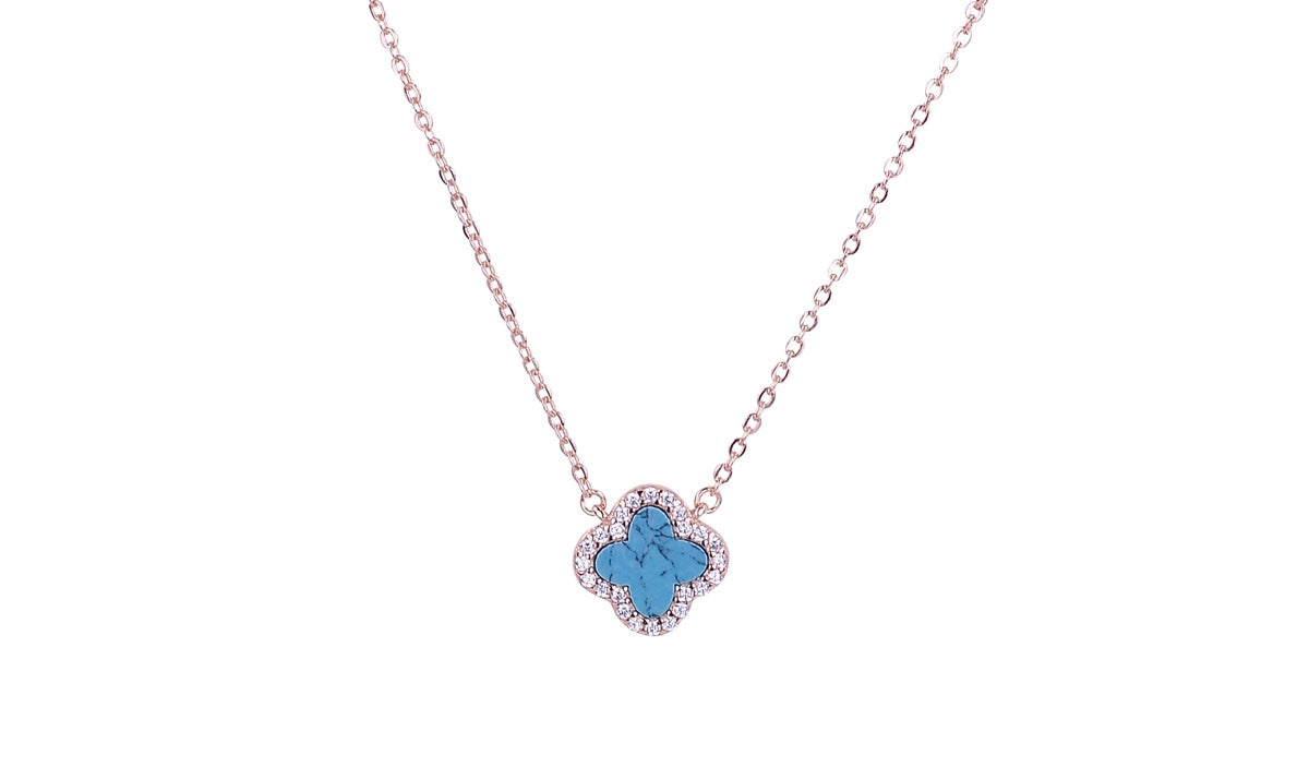 ZOE TURQUOISE CRYSTAL CLOVER ROSE GOLD NECKLACE