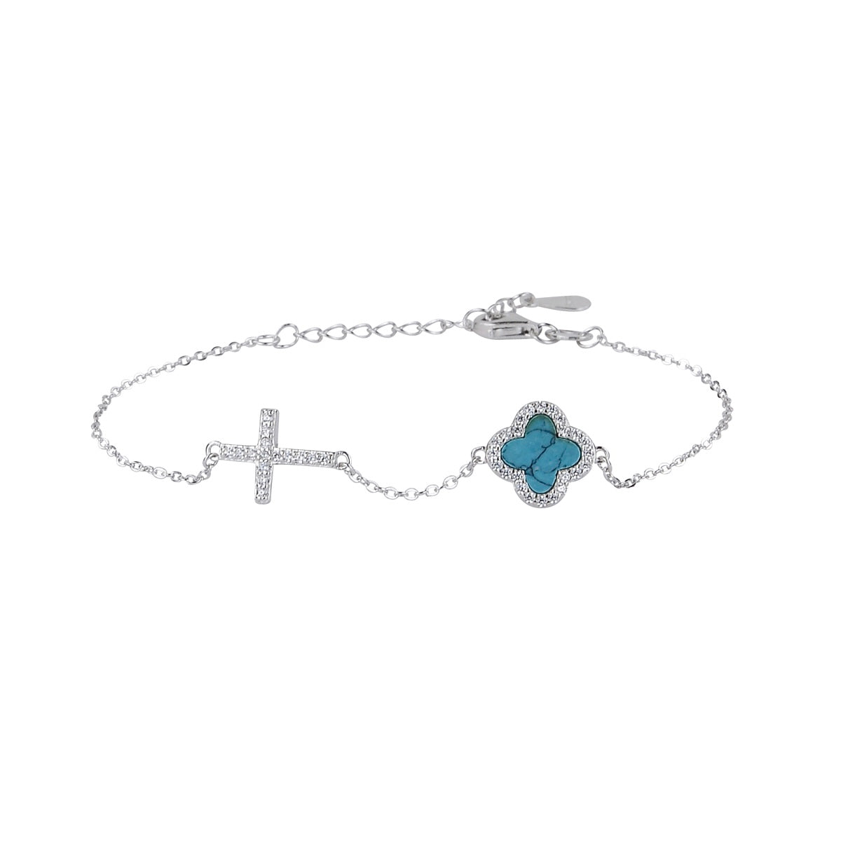 CELINA TURQUOISE CRYSTAL CLOVER AND CROSS SILVER BRACELET