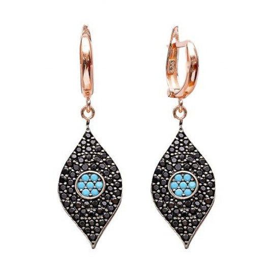 onyx and turquoise evil eye rose gold dangling earrings