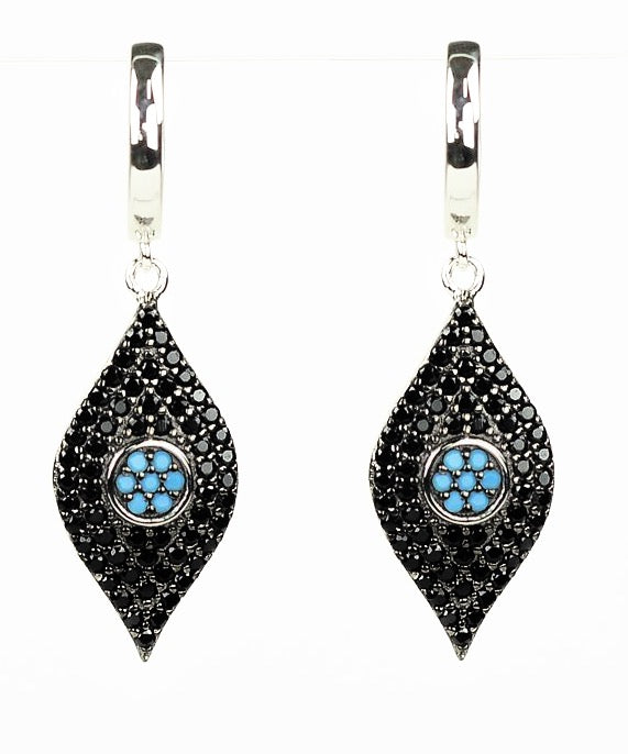 onyx and turquoise evil eye silver dangling earrings