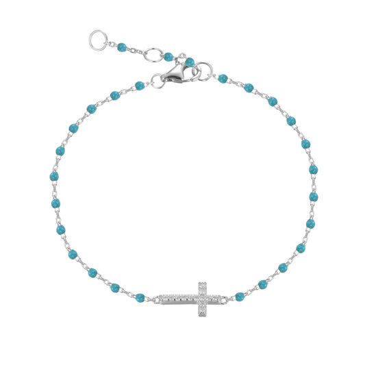 VANESSA CROSS BLUE BEADED SILVER BRACELET