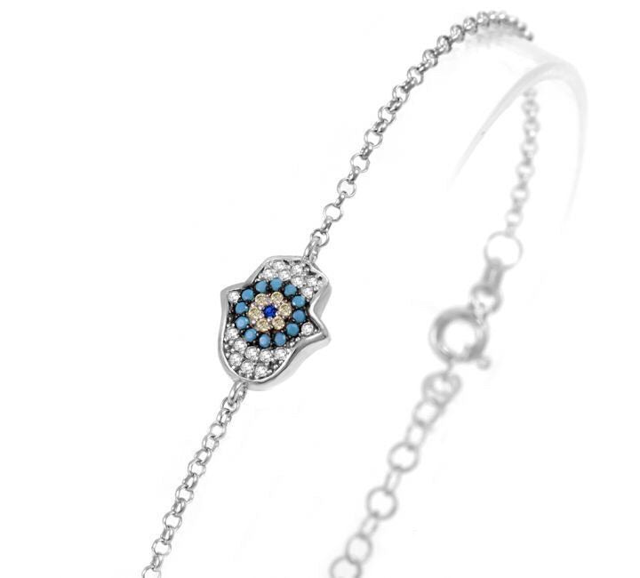 LUCKY HAMSA AND EVIL EYE SILVER BRACELET