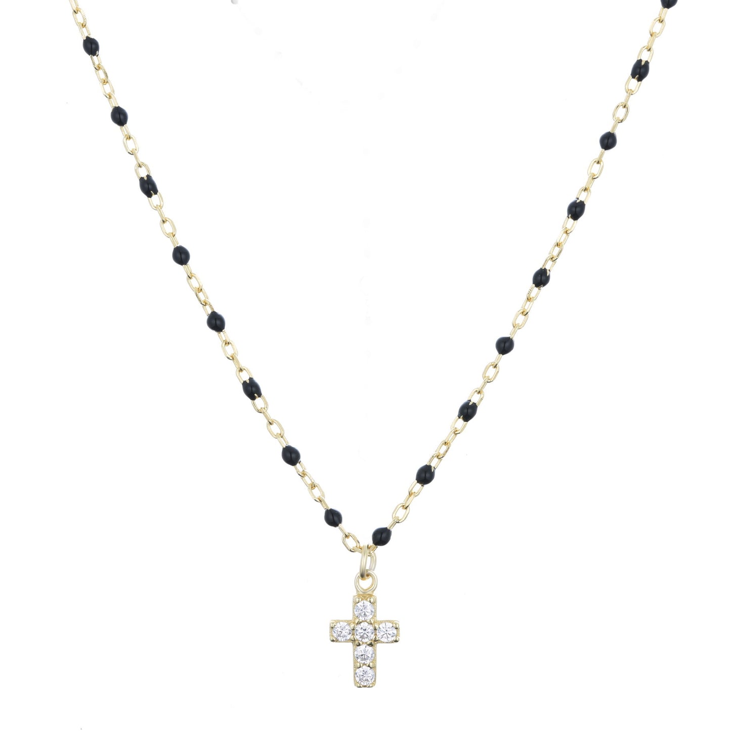 AMARI MINI CROSS BLACK BEADED GOLD NECKLACE