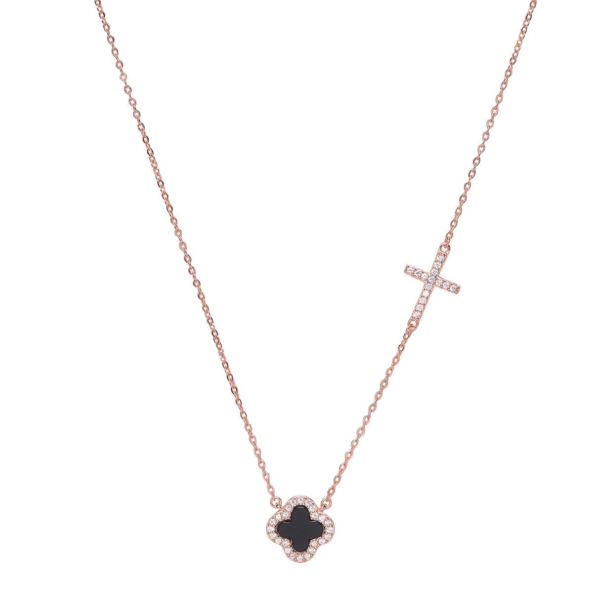 noir black clover and crystal cross rose gold necklace