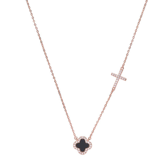 noir black clover and crystal cross rose gold necklace