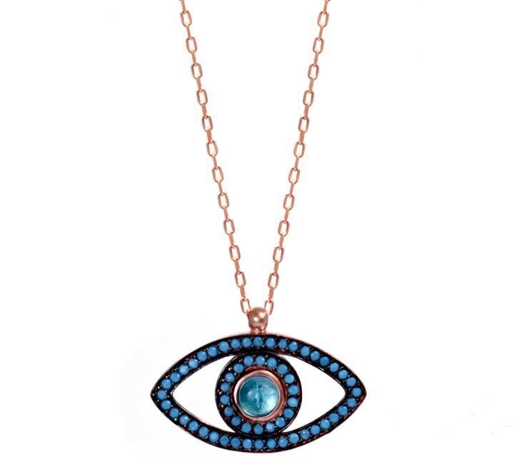 aquamarine evil eye rose gold necklace