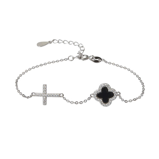 noir black clover and cross silver bracelet