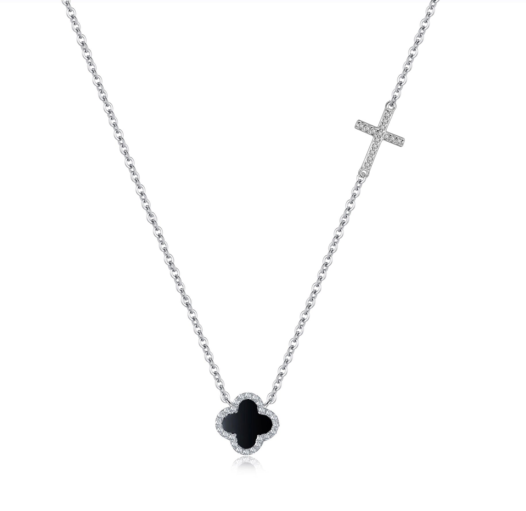 noir blavk clover and crystal cross necklace