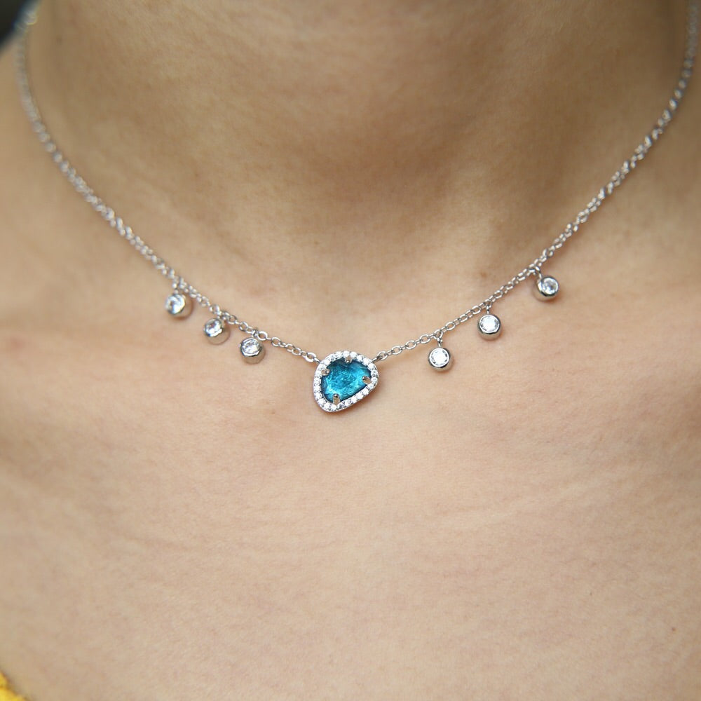 blue stone silver necklace with crystal droplets