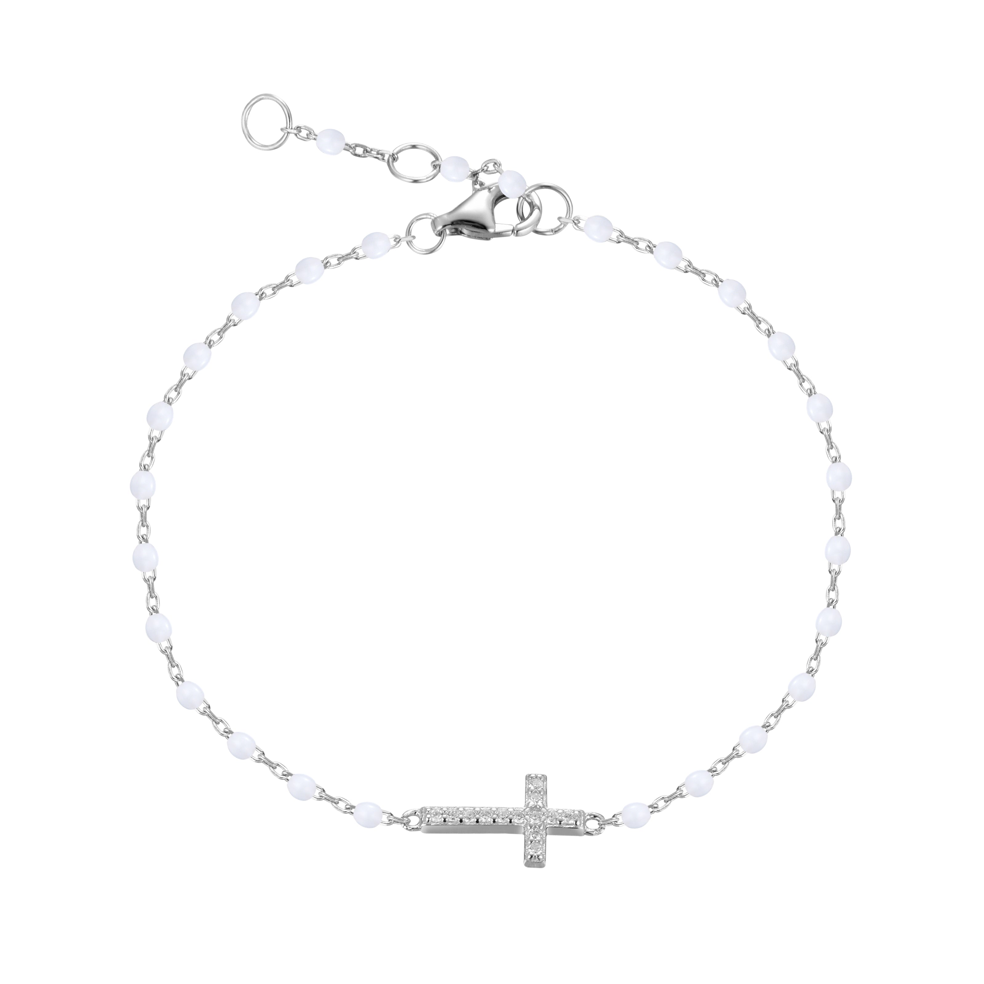 VANESSA CROSS WHITE BEADED SILVER BRACELET