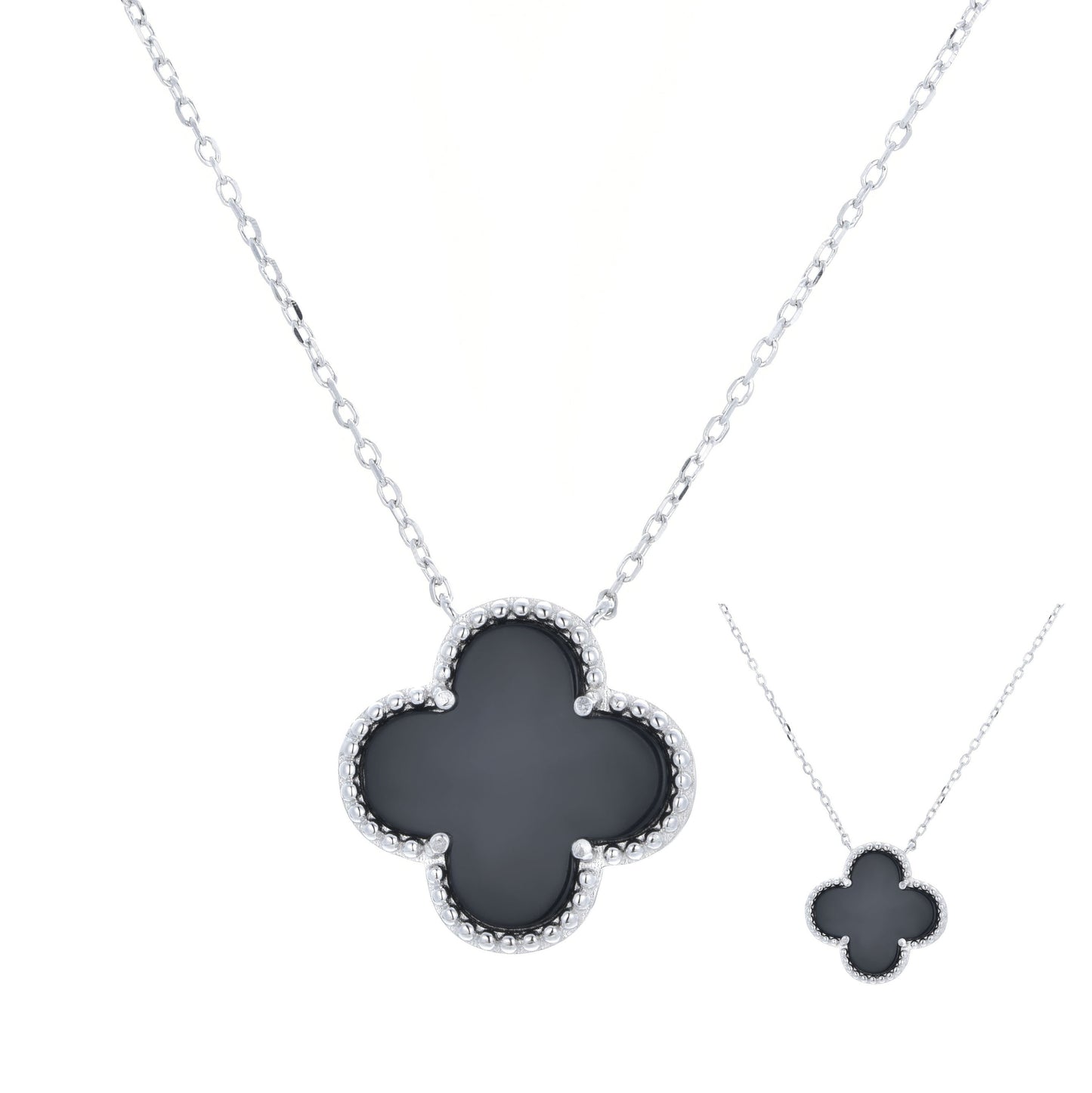 MARIELLA BLACK AGATE CLOVER SILVER NECKLACE
