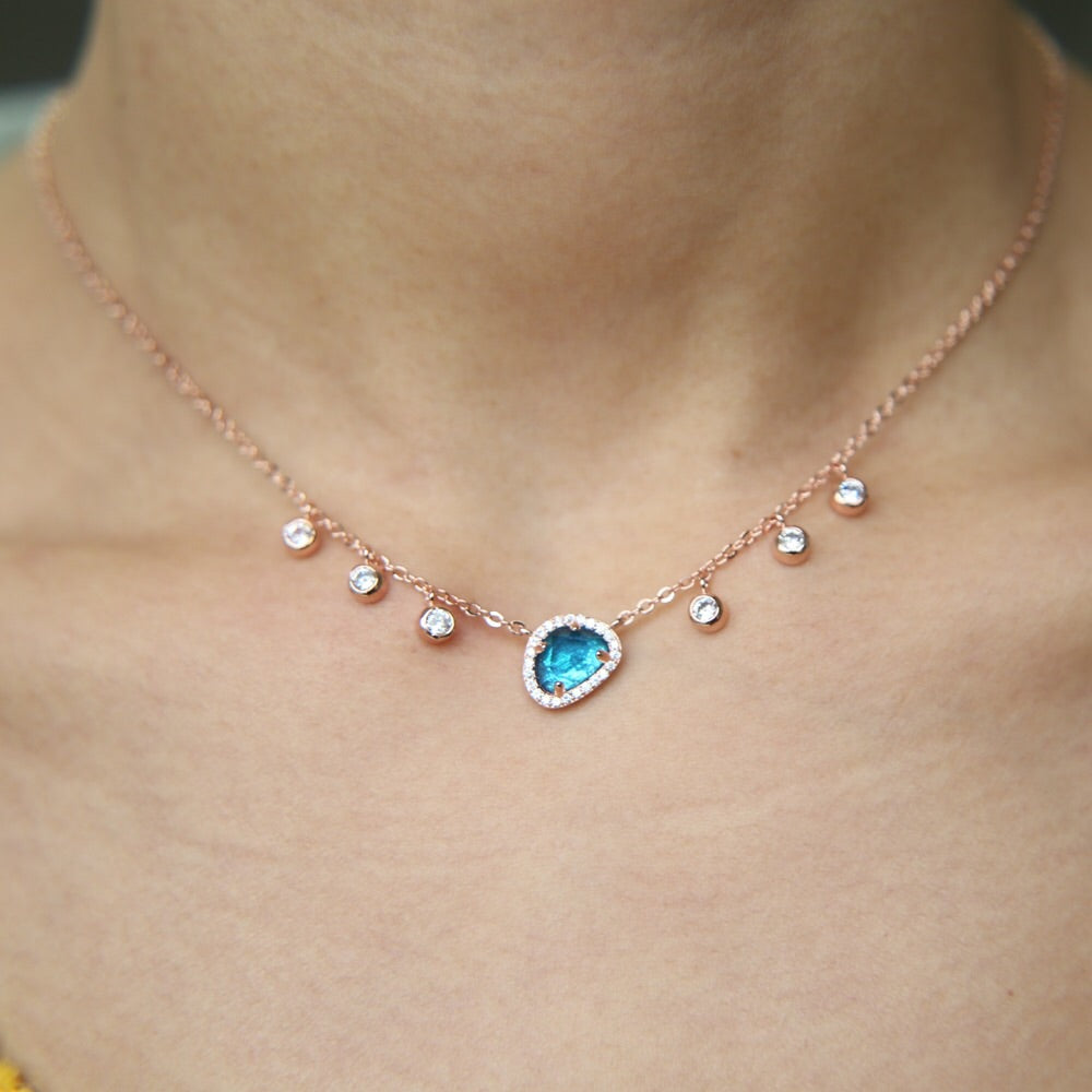 blue stone rose gold necklace with crystal droplets
