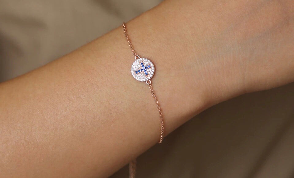 blue crystal cross rose gold bracelet