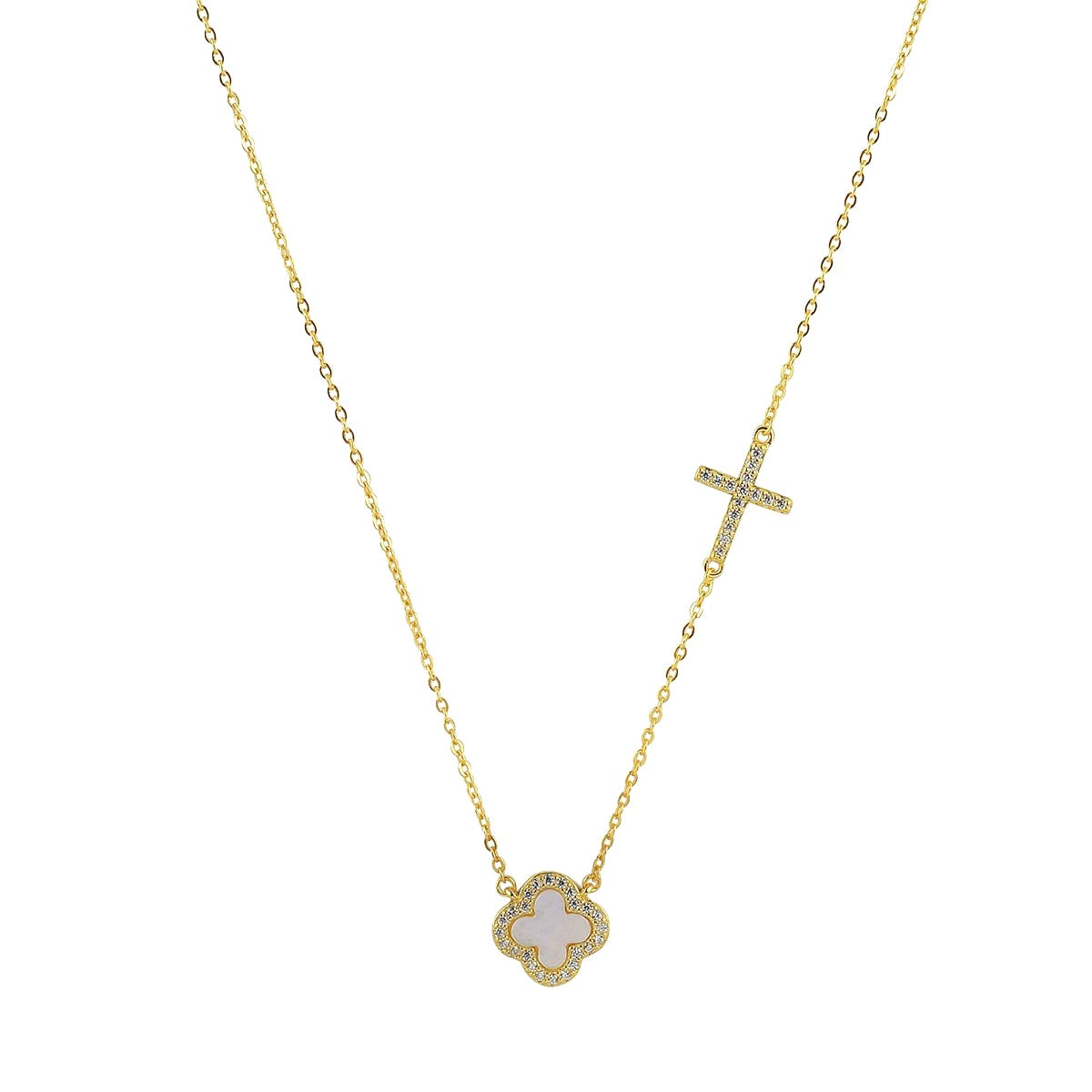 mother of pearl clover and cross gold necklace