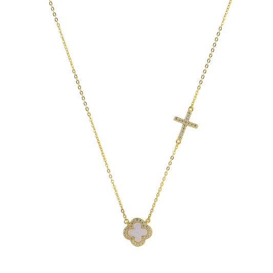 mother of pearl clover and cross gold necklace