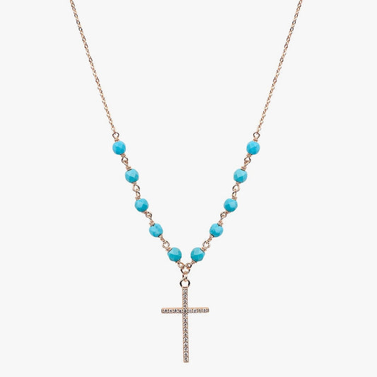TURQUOISE BEADED GOLD CROSS NECKLACE