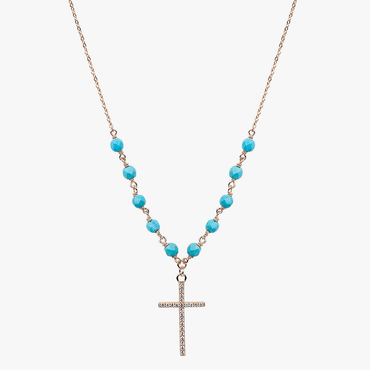 TURQUOISE BEADED GOLD CROSS NECKLACE