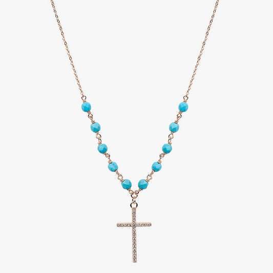 TURQUOISE BEADED GOLD CROSS NECKLACE
