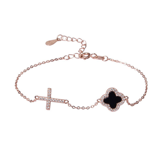 Noir black clover and cross rose gold bracelet