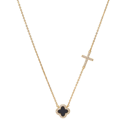 noir black clover and crystal cross gold necklace 