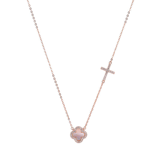 mother of pearl clover and cross rose gold necklace