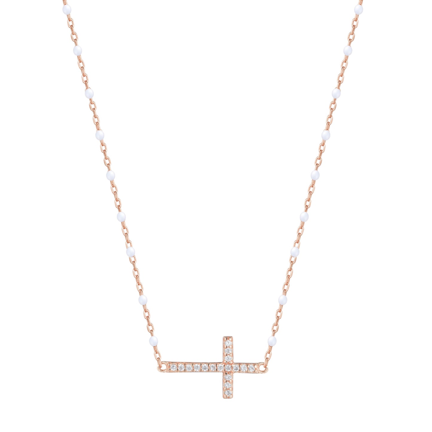 VANESSA CROSS WHITE BEADED ROSE GOLD NECKLACE